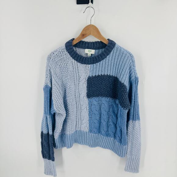 Aerie Colorblock Chunky Knit Sweater Blue Patchwork Cable Knit Size Small - Picture 1 of 7